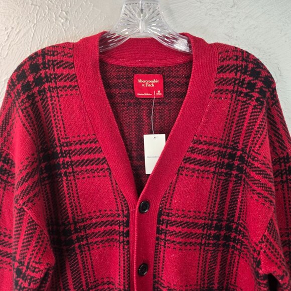 NWT Rare Abercrombie Cardigan Sweater M Red Black Plaid Knit Button Front Preppy - Picture 3 of 14